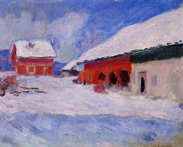 Maisons rouges à Bjornegaard dans la neige, en Norvège