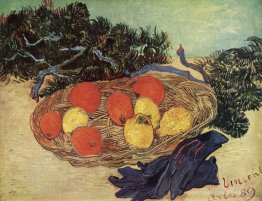 Nature morte avec des oranges et des citrons avec des gants bleu