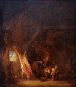Un intérieur de grange avec un cochon abattu, les enfants jouant