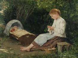 Tricoter une fille qui regarde le tout-petit dans un berceau