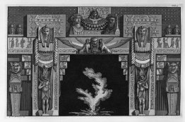 Foyer de style égyptien, la frise d'un masque de lion entre deux