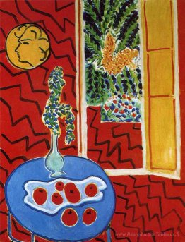 Intérieur rouge. Nature morte sur une table bleue