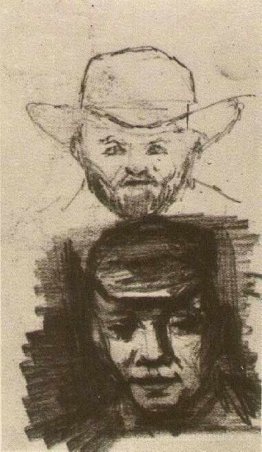 Deux têtes homme avec barbe et chapeau paysan avec capuchon