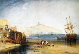 Ville de Scarborough et château. Morning.boys attrapant des crab