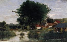 Paysage d'automne (ferme et étang)
