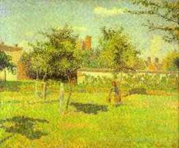 Femme dans un verger, soleil de printemps dans un champ, Eragny