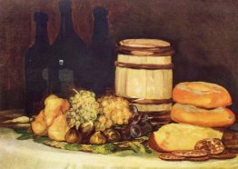 Nature morte avec des fruits, des bouteilles, des pains