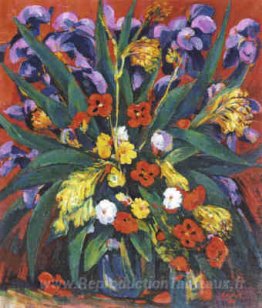 Nature morte avec des iris et des coquelicots