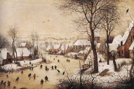 Paysage d'hiver avec patineurs et un piège à oiseaux