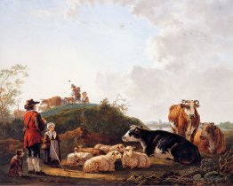 Berger avec du bétail au repos