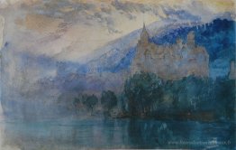Le château de Neuchatel au crépuscule, avec des montagnes Jura a