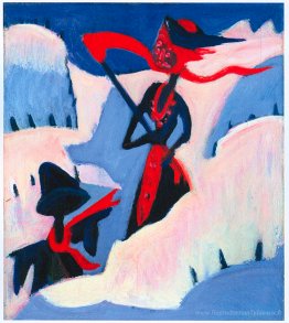 Sorcière et épouvantail dans la neige