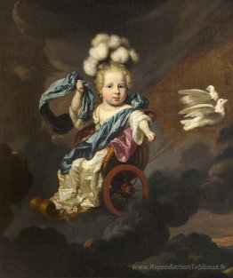 Portrait d'une petite fille comme Vénus avec un char dessiné par