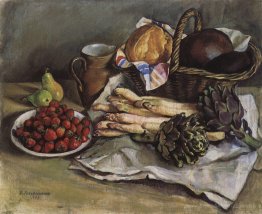 Nature morte avec les asperges et les fraises