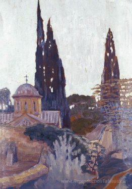 Église avec cyprès