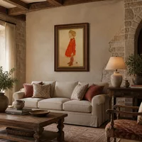Petite fille aux cheveux blonds dans une robe rouge — Villa italienne