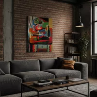 Guitare, bouteille, plat de fruits et verre sur la table — Loft moderne