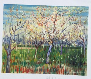 Orchard avec des arbres d'abricot florissants