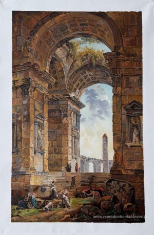Ruines avec un obélisque au loin