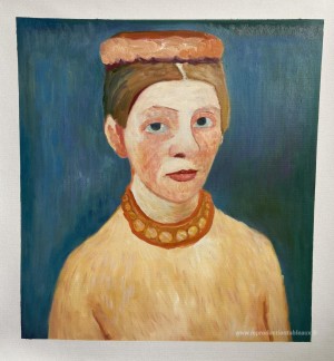 Autoportrait avec couronne et chaîne de fleurs rouges