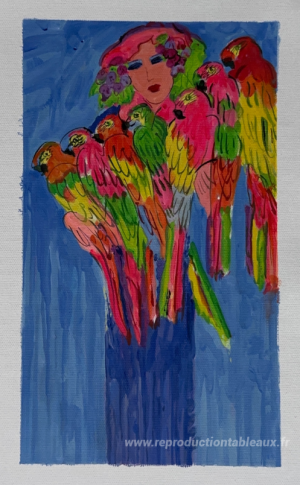 Blue Dame avec des perroquets