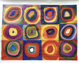 Étude des couleurs: carrés avec cercles concentriques