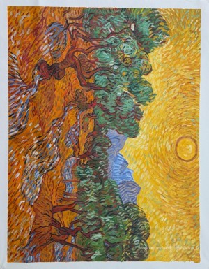 Oliviers avec du ciel jaune et du soleil